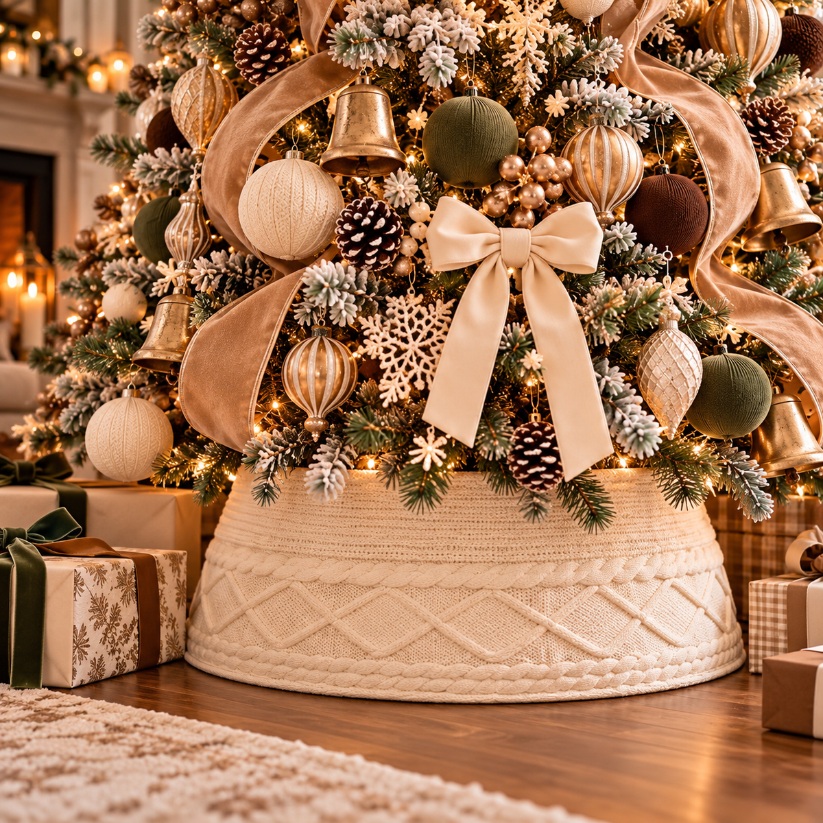 Cozy Knitted Christmas Tree Collar in soft white cable-knit fabric