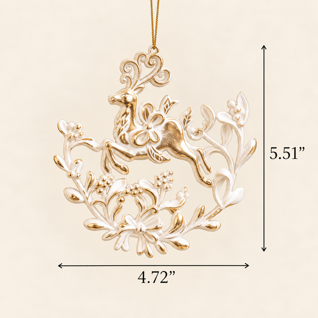 White and gold reindeer Christmas ornament with size measurements