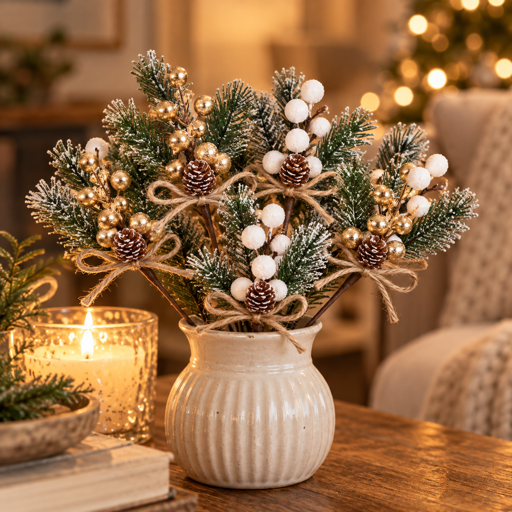 Frosted pine picks with white and gold berries arranged in a white vase