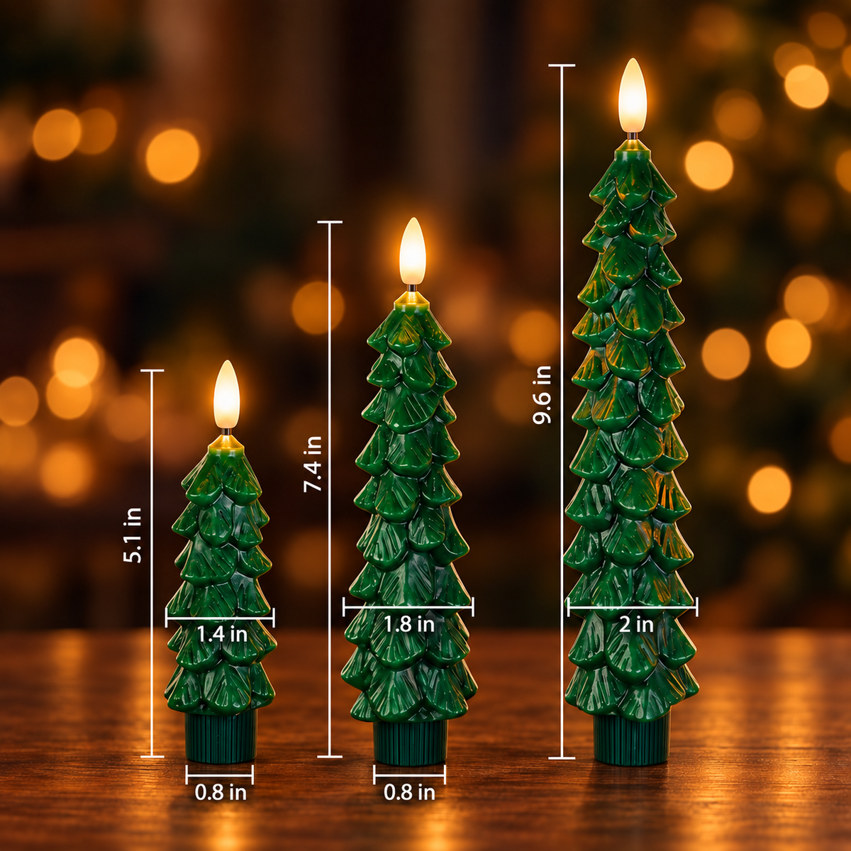 Small, medium and large Christmas tree flameless candles side by side with height measurements