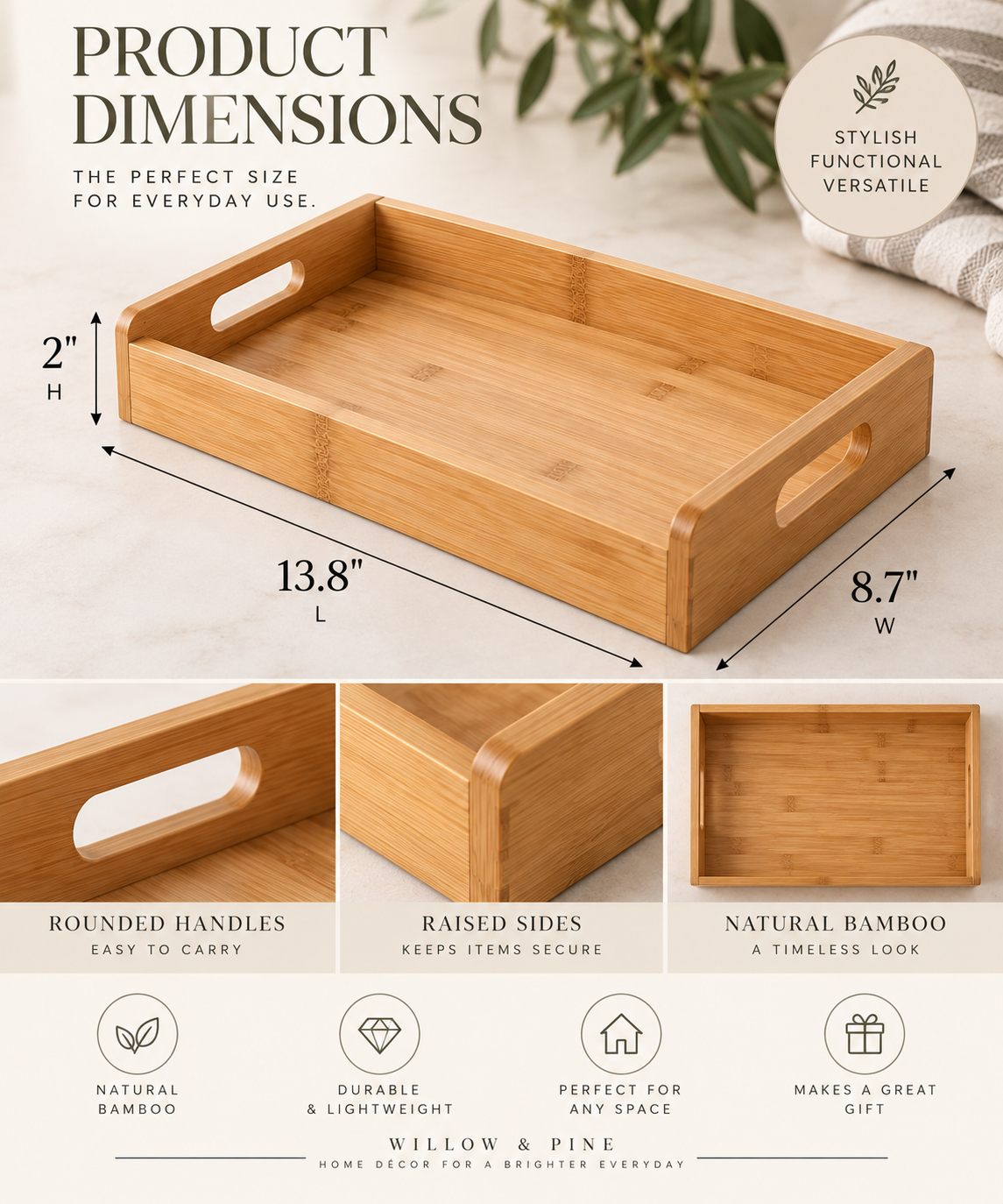 Bamboo Serving Tray with Rounded Handles
