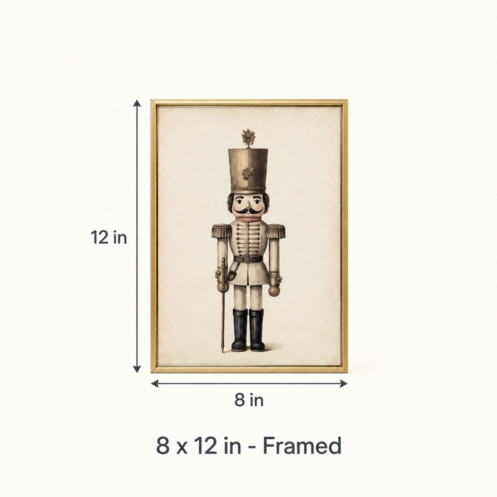 Vintage Neutral nutcracker print, 8 x 12 in framed size guide