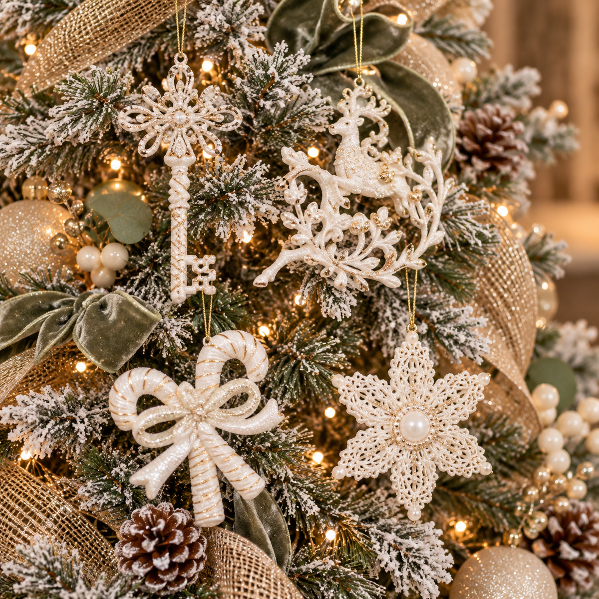 White and gold Christmas ornaments - snowflake key, reindeer, candy canes and floral snowflake on a flocked tree