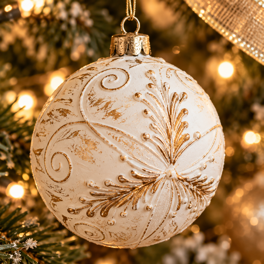 Close-up of white Christmas ball ornament with raised gold leaf swirl design