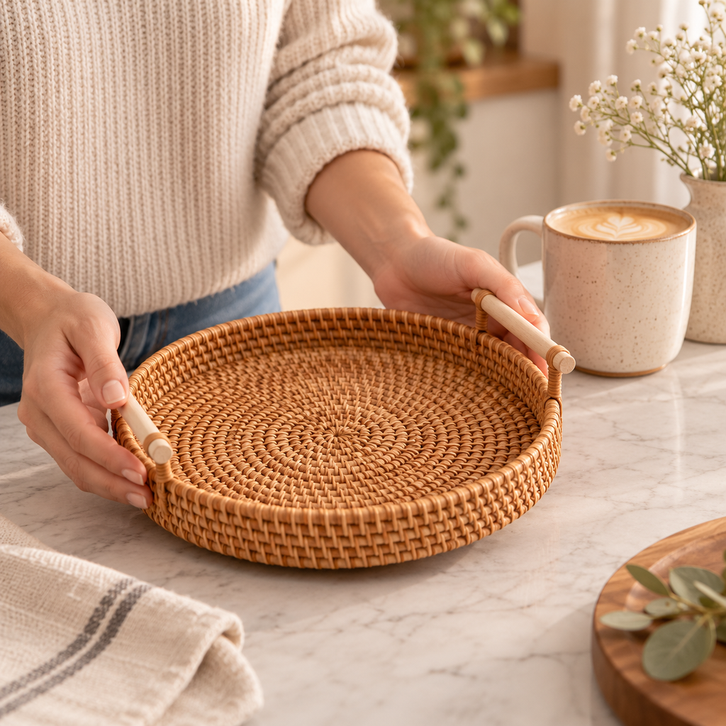 Rattan round tray held in two hands next to a coffee mug to show size