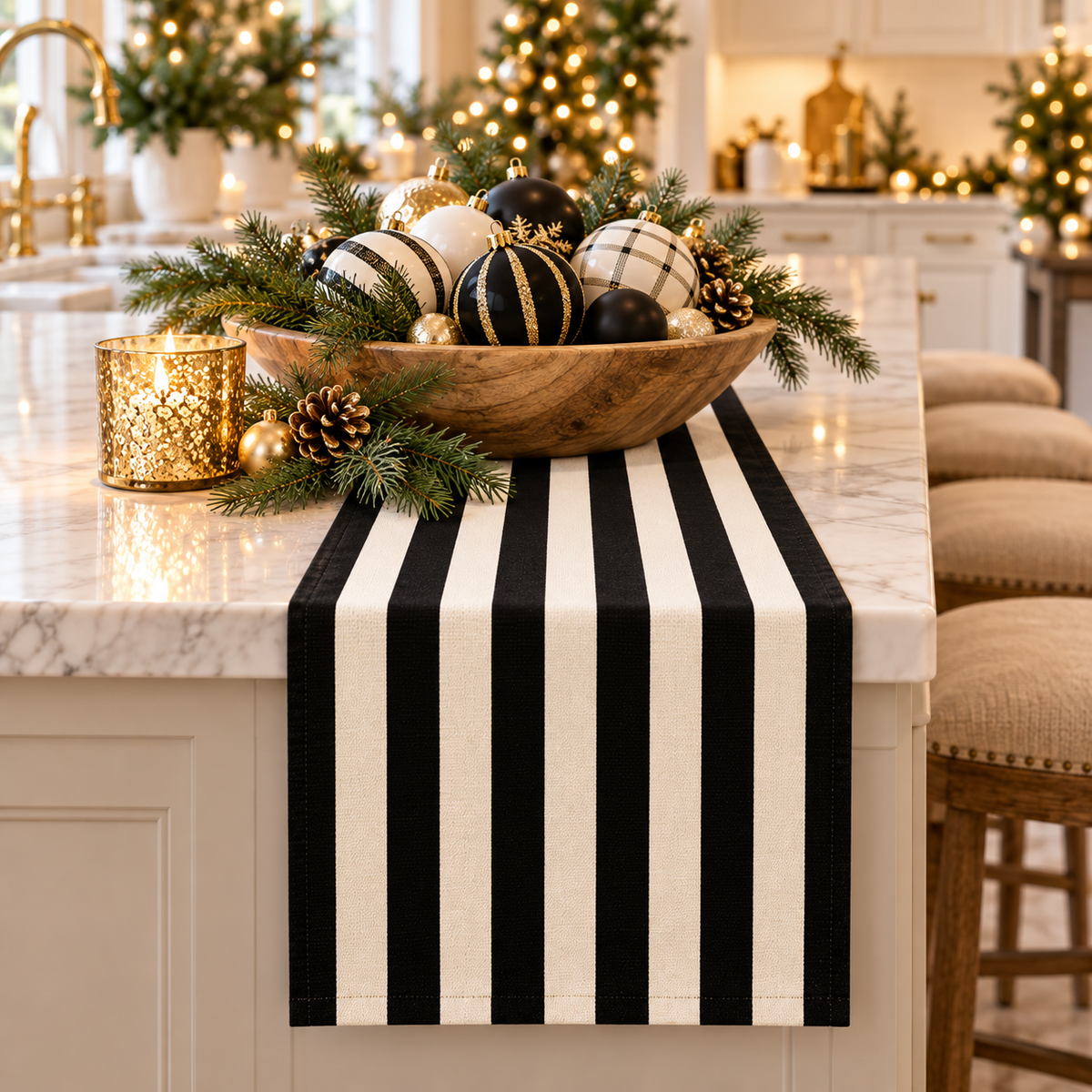Black and white stripe table runner on a kitchen island with a wooden bowl of black and white Christmas ornaments and pine