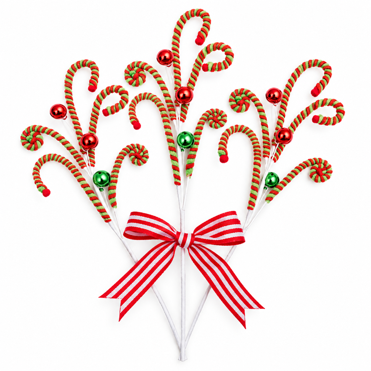 3-pack of curly red and lime green candy cane spray Christmas picks tied with striped ribbon