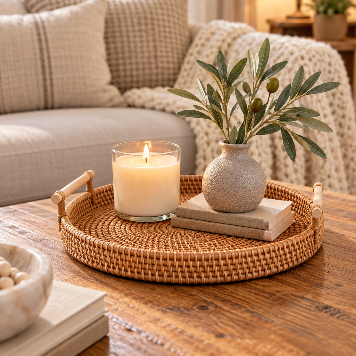 Handwoven rattan round tray on a wooden coffee table with a candle, stone vase with olive stems and books