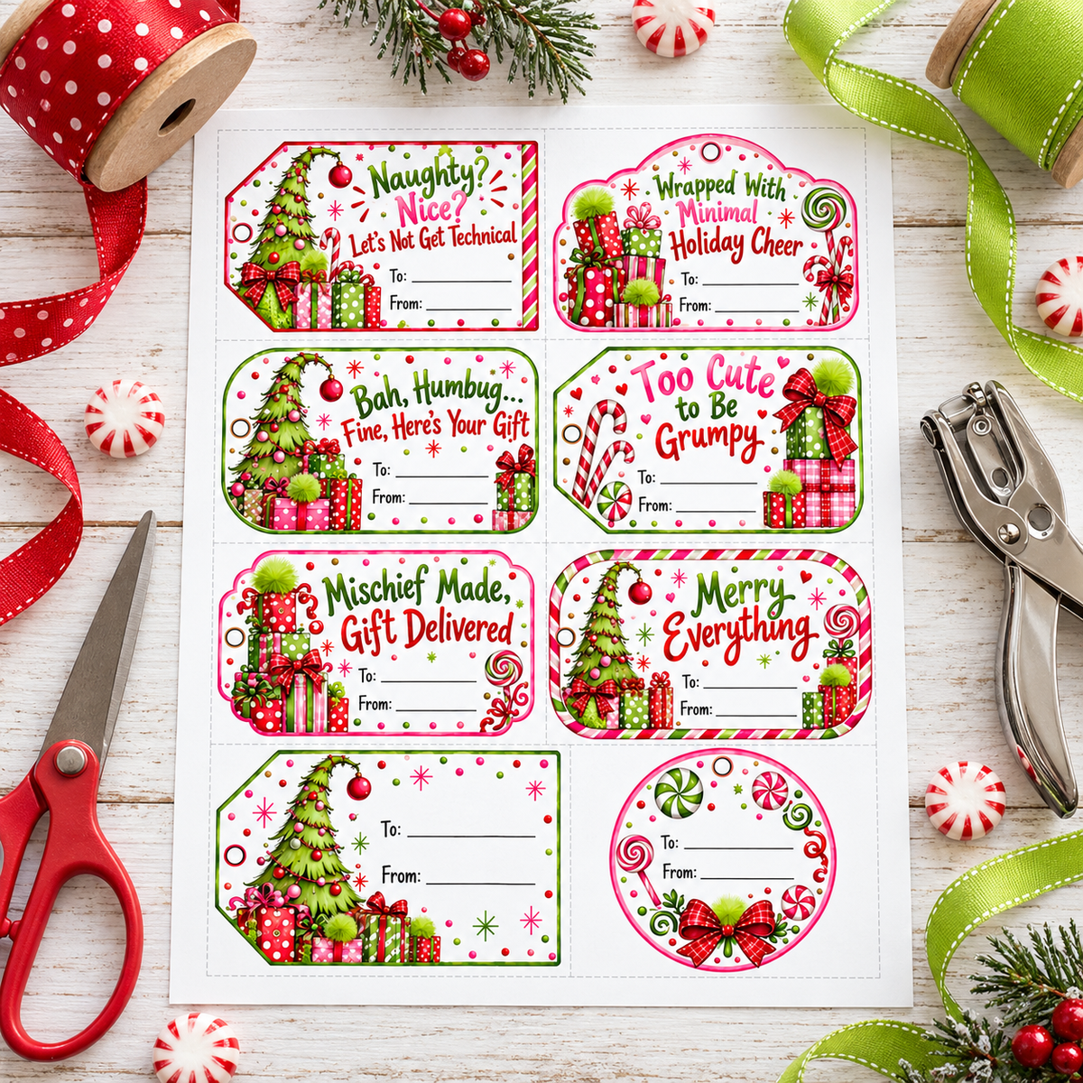 Printed sheet of 8 whimsical Christmas gift tags on cardstock with scissors, hole punch and ribbon