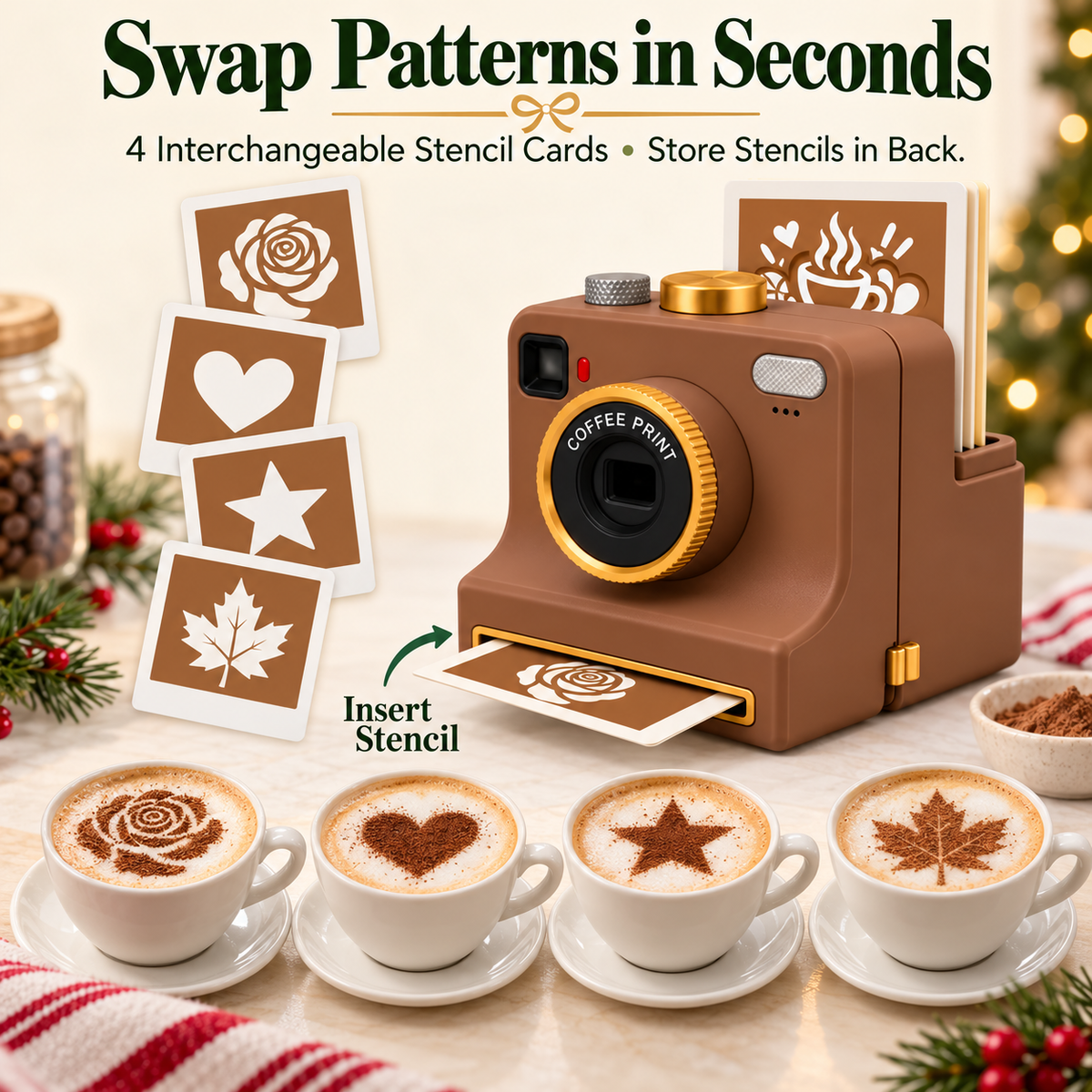 Brown latte art stencil camera with 4 interchangeable stencil cards and lattes with cocoa designs