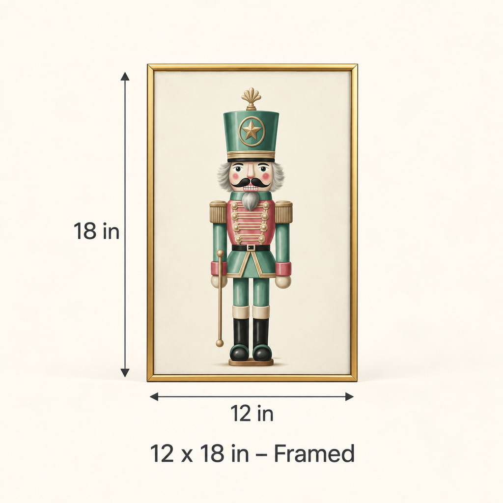 Evergreen nutcracker print, 12 x 18 in framed size guide