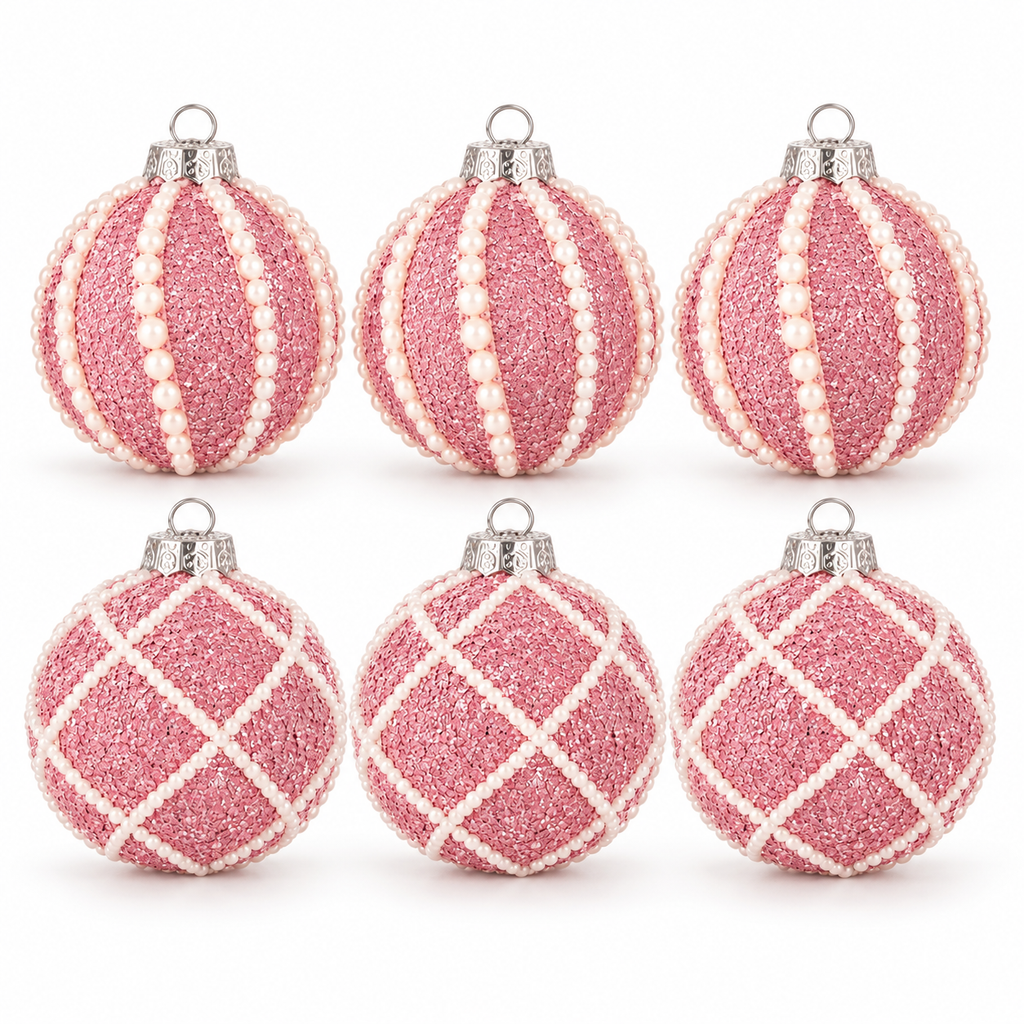 Set of 6 pink glitter Christmas ball ornaments, 3 pearl stripe and 3 pearl lattice, on white