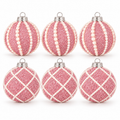 Set of 6 pink glitter Christmas ball ornaments, 3 pearl stripe and 3 pearl lattice, on white
