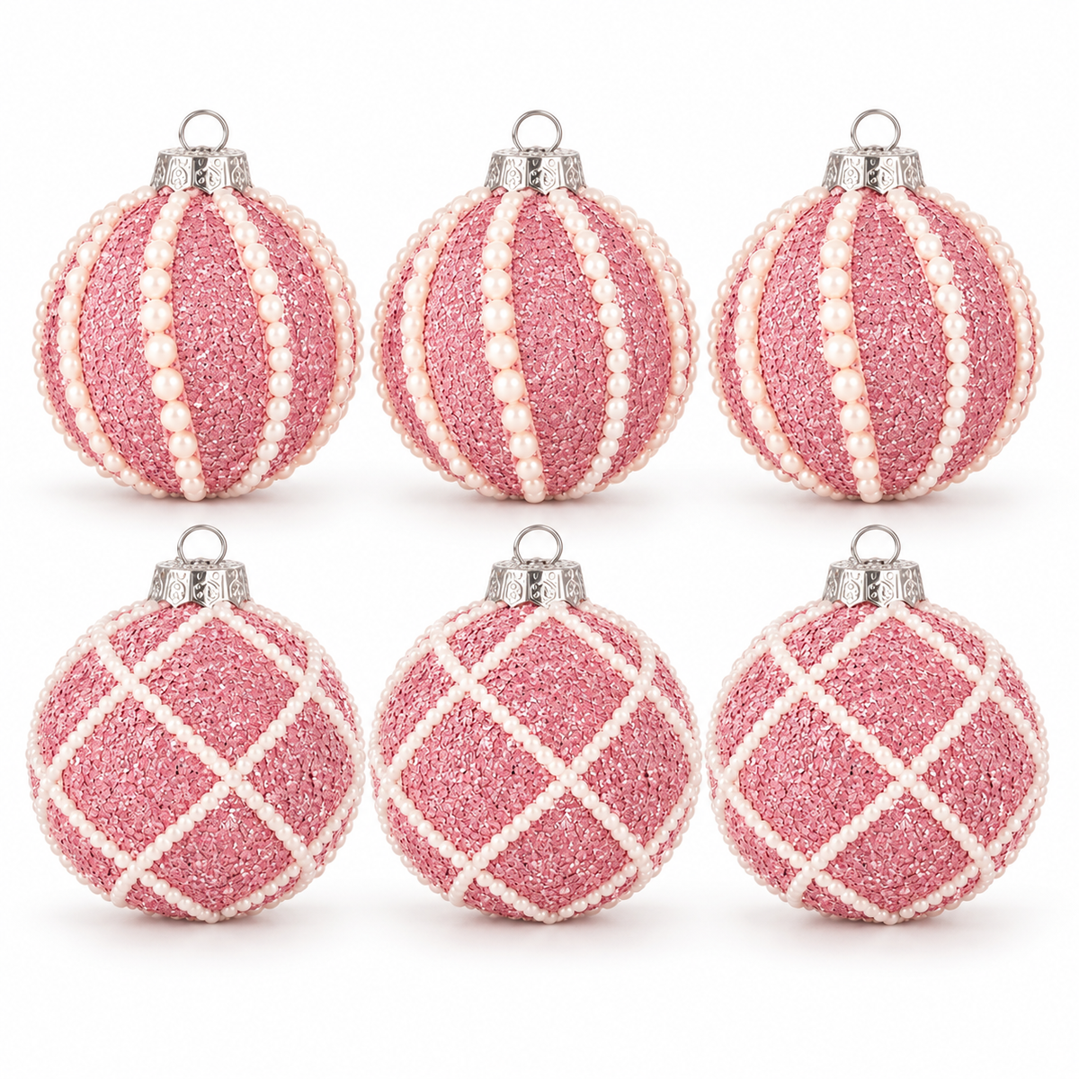 Set of 6 pink glitter Christmas ball ornaments, 3 pearl stripe and 3 pearl lattice, on white