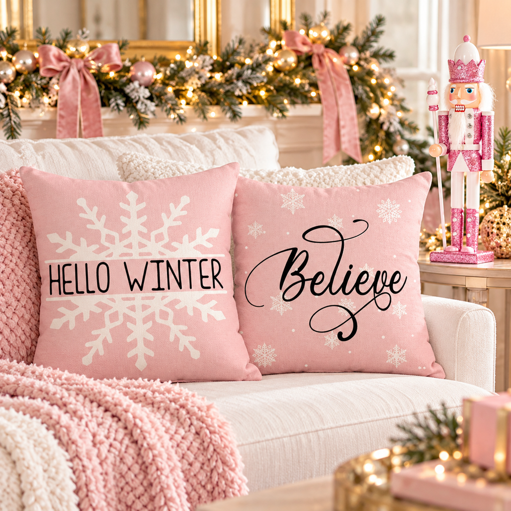 Hello Winter and Believe pink Christmas pillow covers on a white sofa with a pink glitter nutcracker