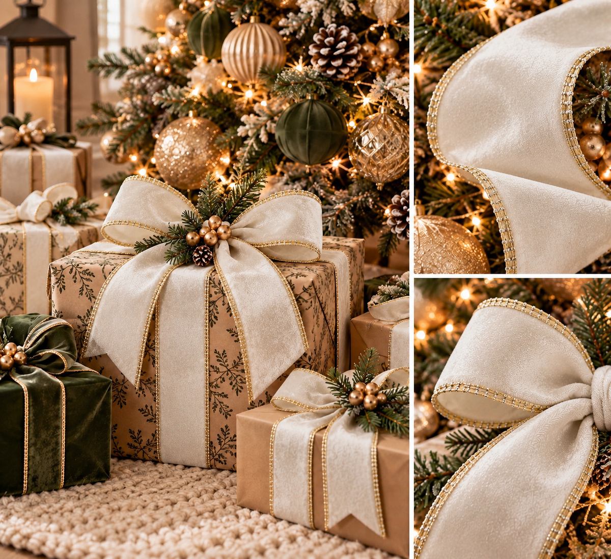 Wrapped Christmas gifts tied with ivory ribbon with gold edge
