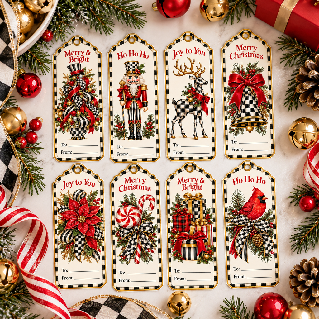 All 8 cut-out black and white checkered Christmas gift tags laid out in two rows with pine, candy canes and ornaments