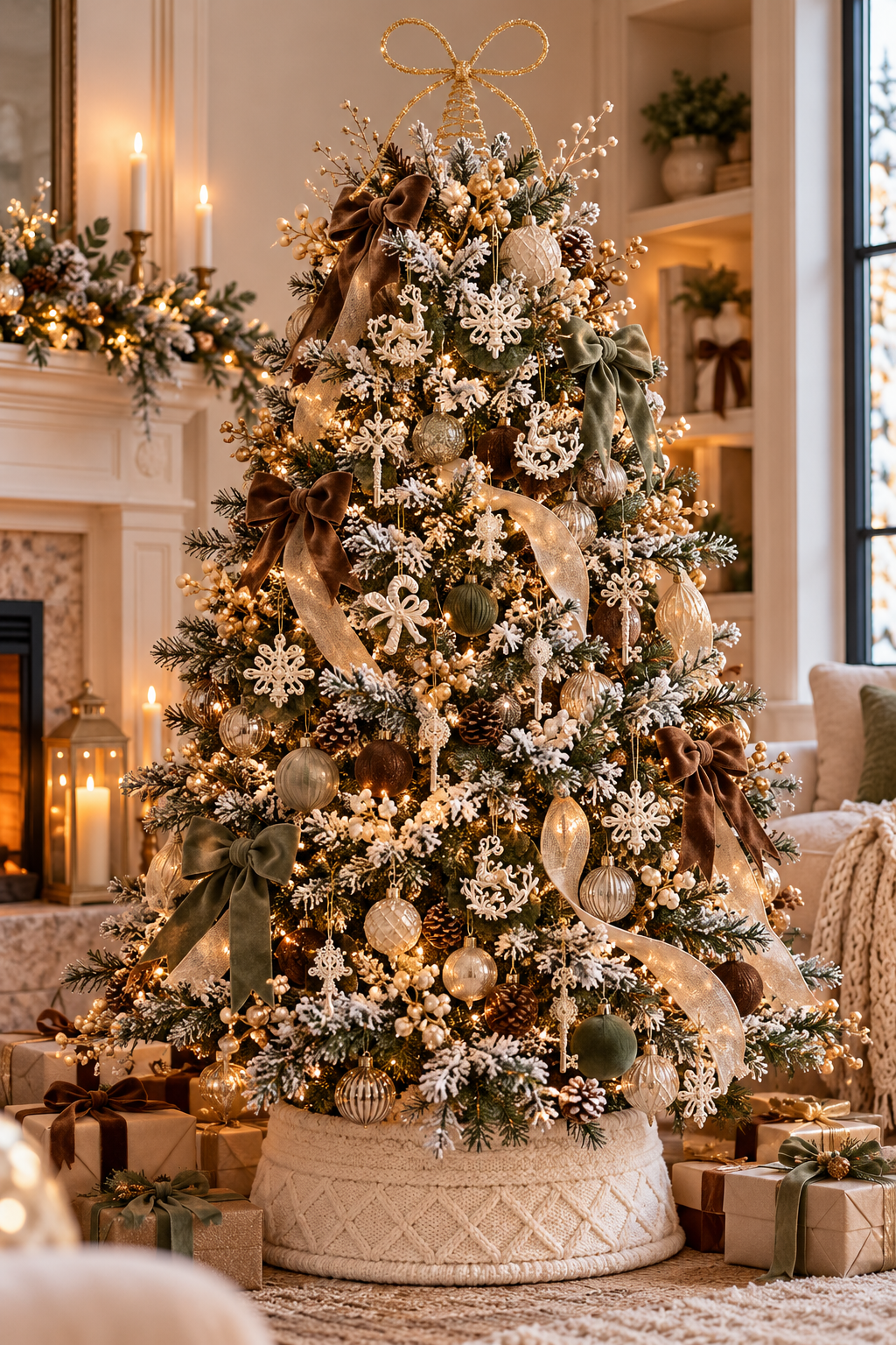 Neutral Christmas tree decorated with white and gold ornaments