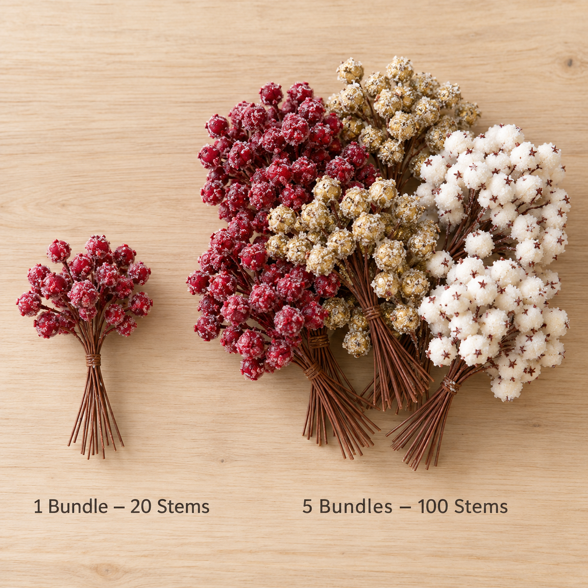 Size comparison of 1 bundle with 20 stems and 5 bundles with 100 stems of frosted berry picks
