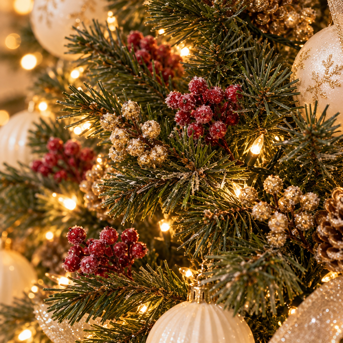 Frosted wine red and gold berry picks tucked into a lit Christmas tree