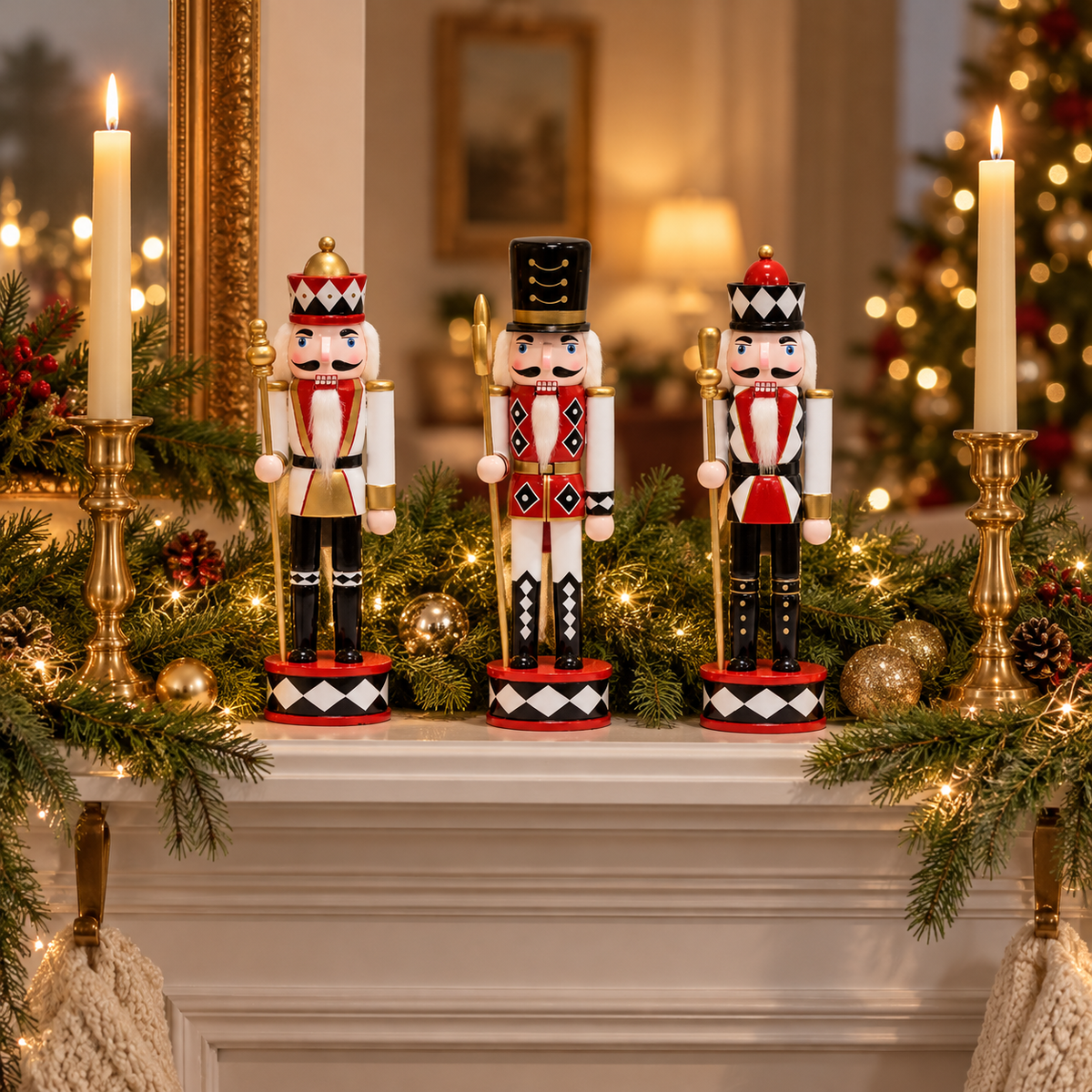 Set of 3 hand-painted wooden nutcrackers on a white fireplace mantel with pine garland, twinkle lights and gold candlesticks