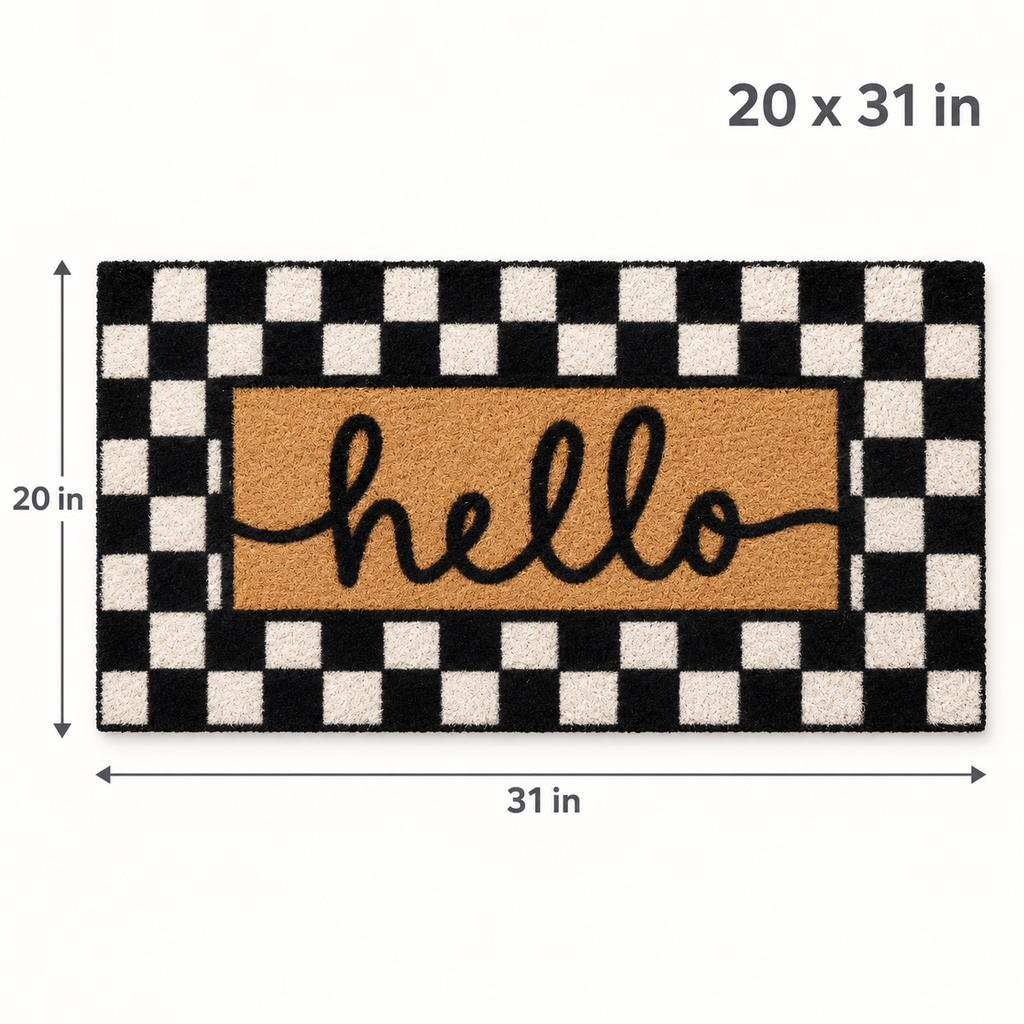 Checkered hello doormat size guide, 20 x 31 inches