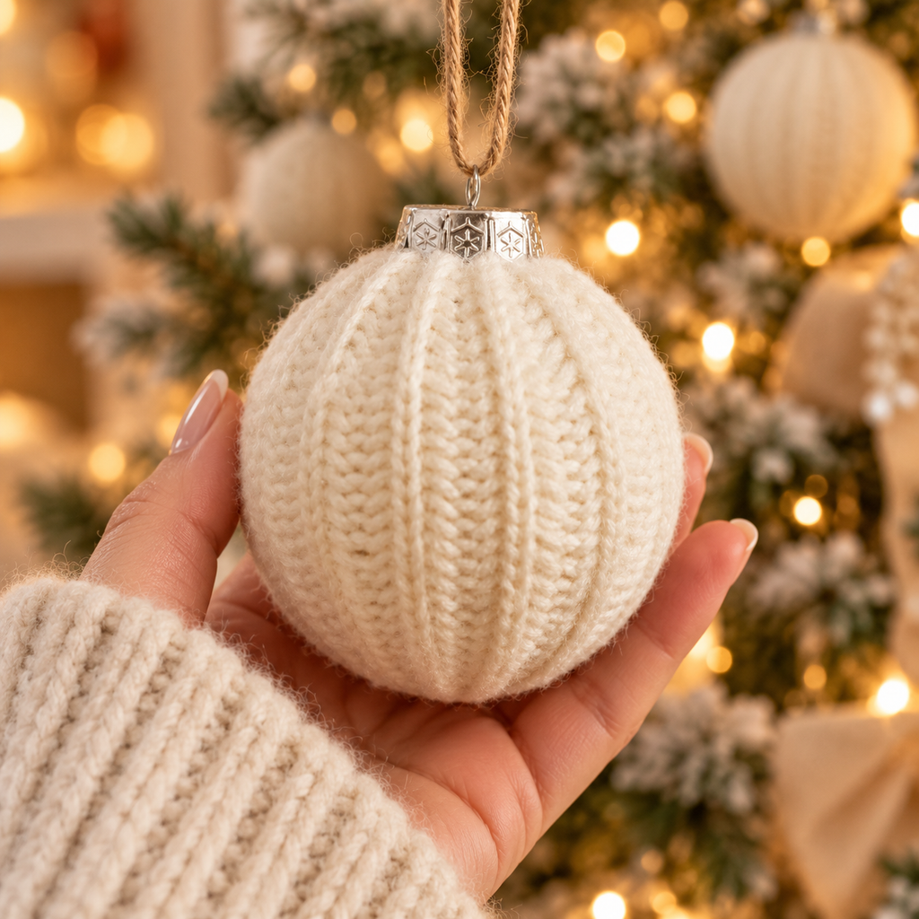 Hand holding a cream knit Christmas ball ornament in front of a lit tree