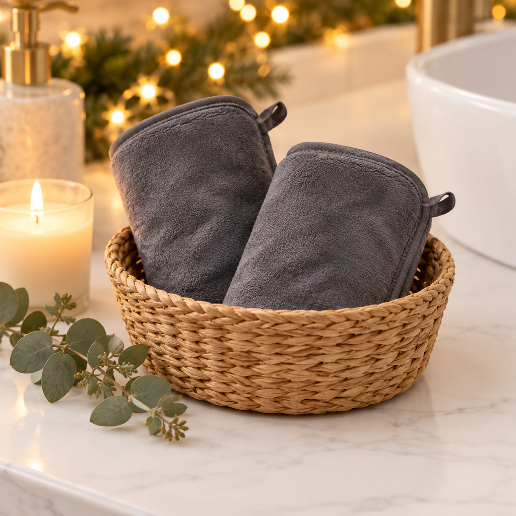 Grey microfiber face towels in a wicker basket on a bathroom counter