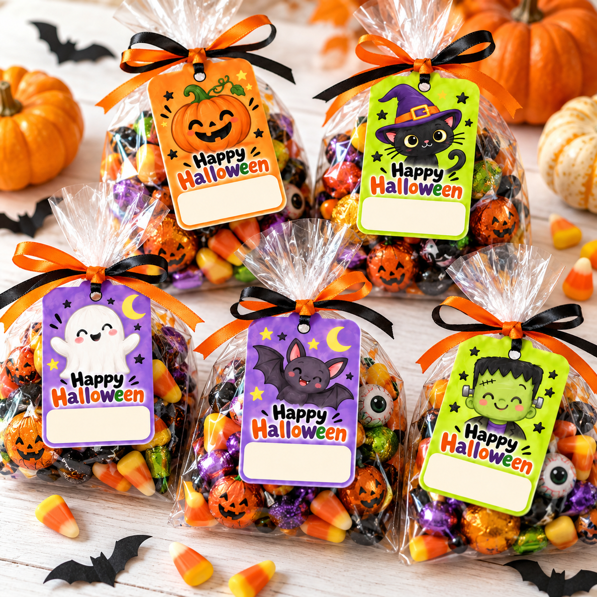 Personalized Halloween treat bag tags tied with orange and black ribbon onto cellophane candy bags, featuring a jack-o'-lantern, black cat, ghost, bat and Frankenstein