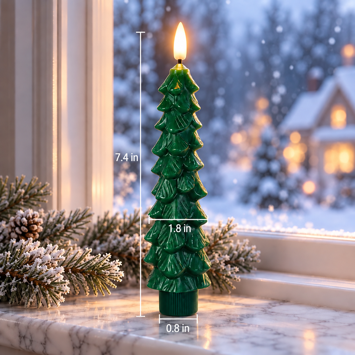 Medium 7.4 inch green Christmas tree LED candle on a snowy windowsill with size measurements
