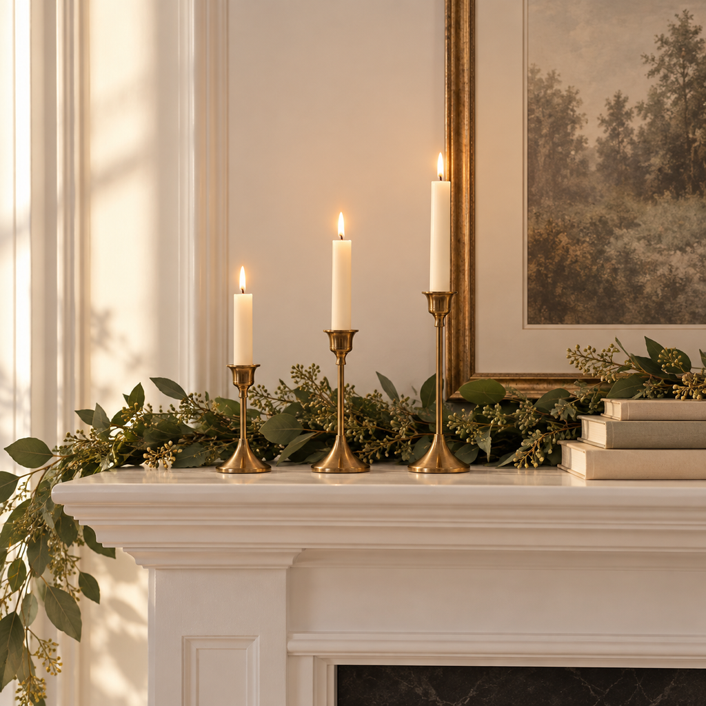 Gold candlestick holders with taper candles on a white fireplace mantel with greenery