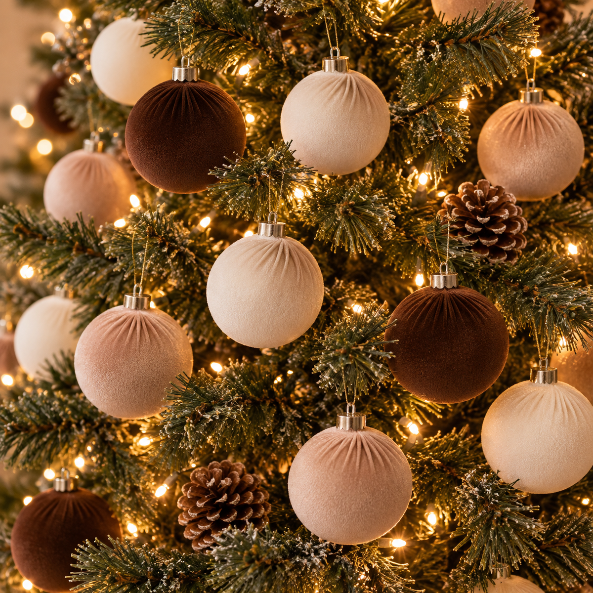 Brown, blush and cream velvet Christmas ball ornaments on a lit Christmas tree with pinecones