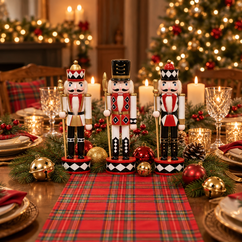 Set of 3 nutcrackers down the center of a holiday table on a red tartan table runner with gold bells and ornaments