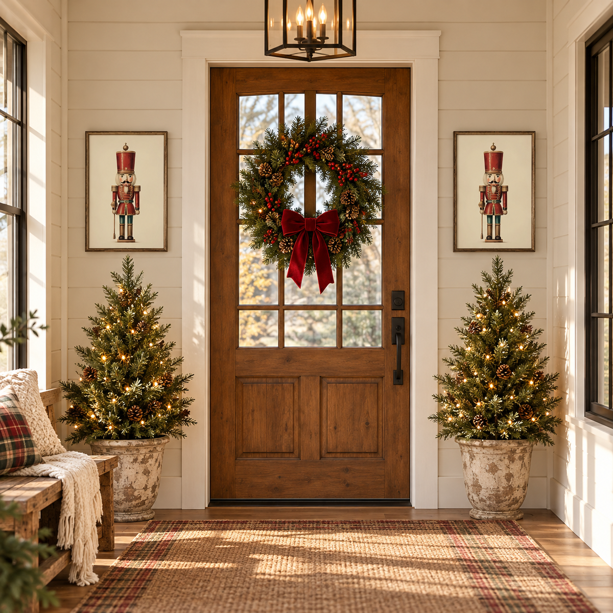 Two Classic Red nutcracker framed prints flanking a front door with a Christmas wreath