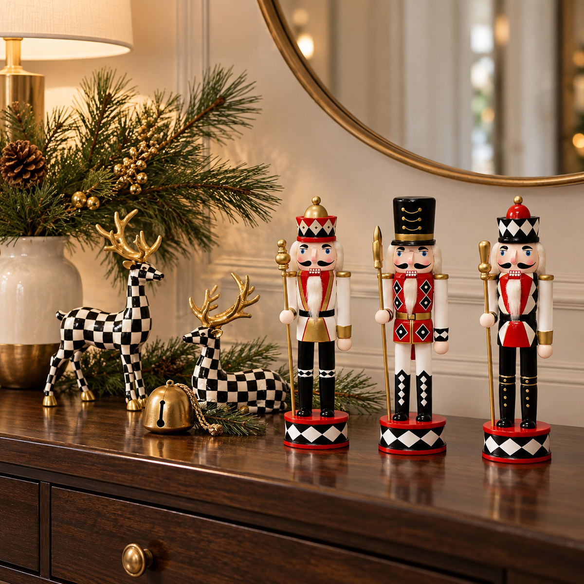 Three wooden nutcrackers on an entry console beside black and white checkered deer figurines with gold antlers