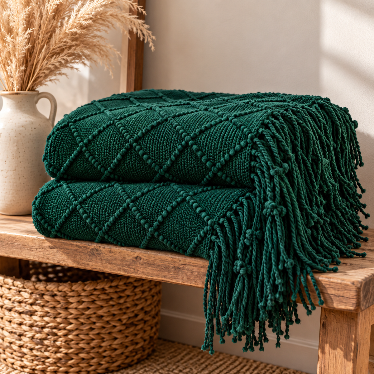Cozy knit throw blanket with tassels styled for fall and winter