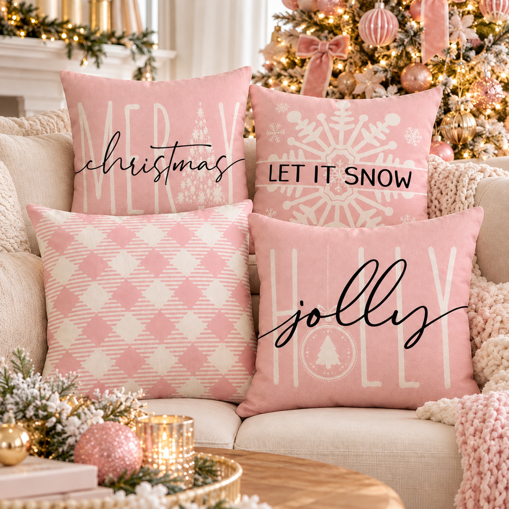Set of 4 pink Christmas pillow covers – Christmas script, Let It Snow, pink gingham and Jolly – on a cream sofa with a pink and gold Christmas tree