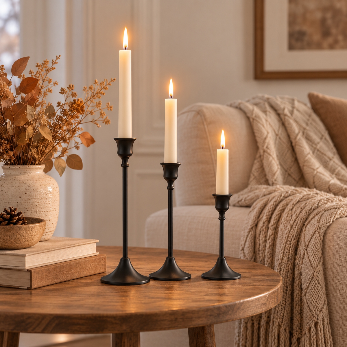 Black candlestick holder set of 3 with lit taper candles on a wooden side table