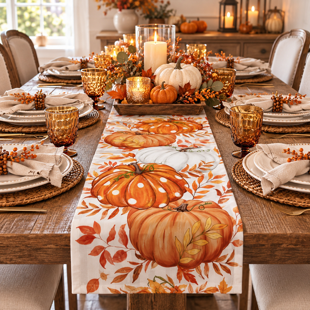Polka dot pumpkin table runner on a fall dining table