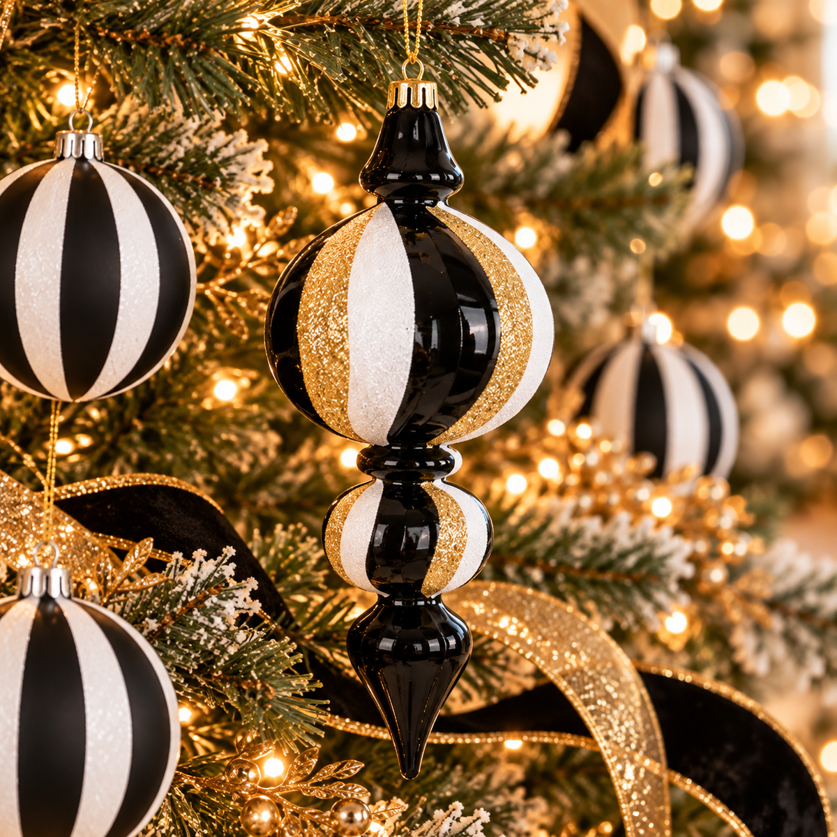 Close-up of the Gold Swirl finial ornament, glossy black with white and gold glitter swirl stripes, hanging on a lit Christmas tree