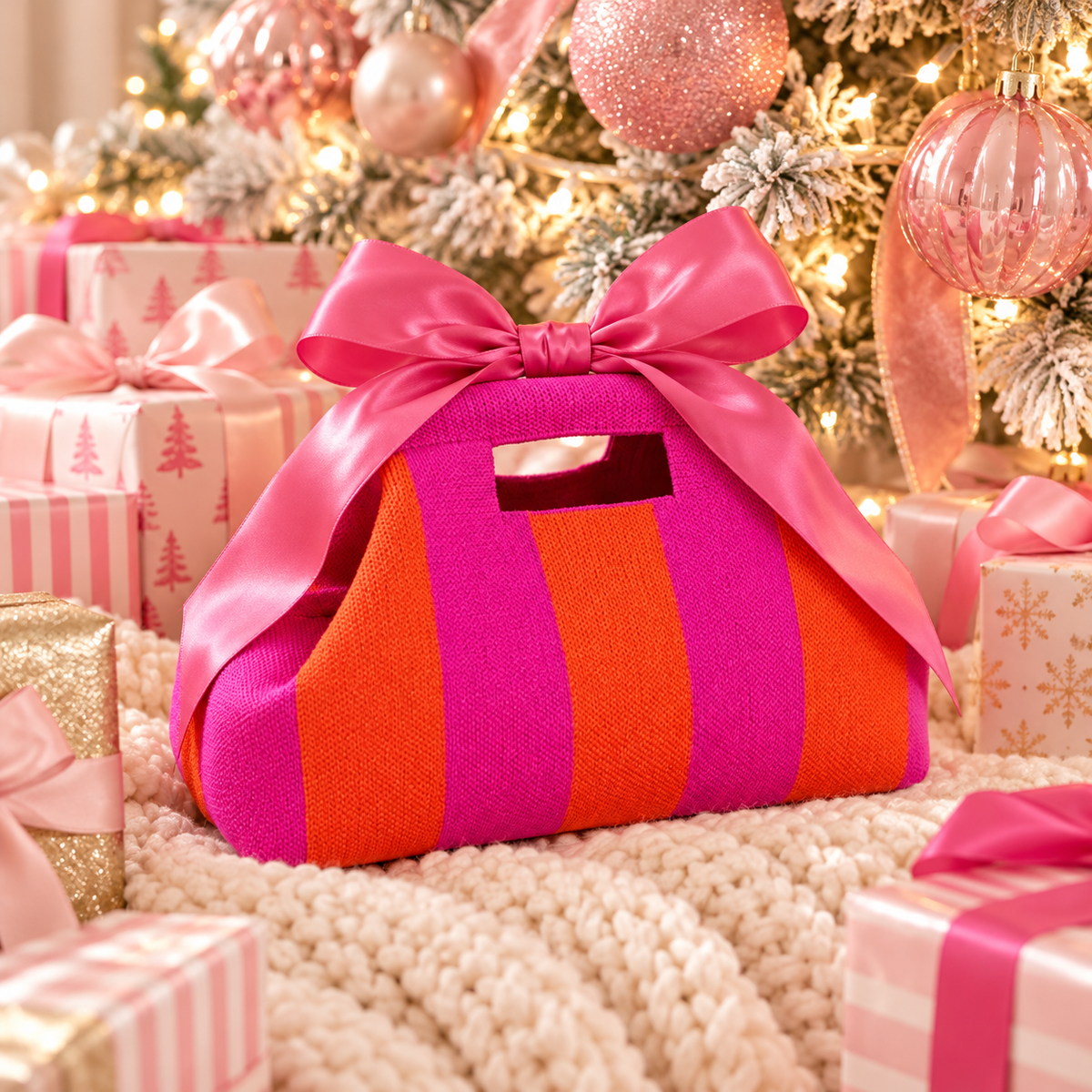 Pink and orange striped knit handbag wrapped with a pink bow as a Christmas gift under the tree