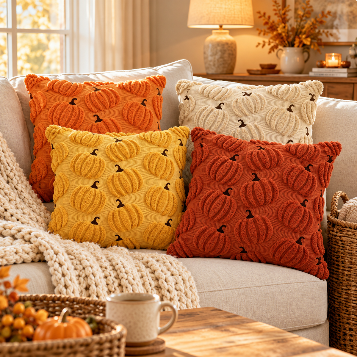 Orange, beige, yellow and rust red textured pumpkin pillow covers on a cream sofa in a cozy fall living room