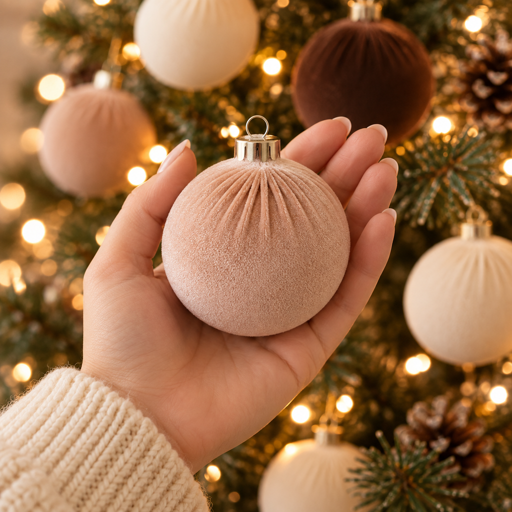 Hand holding a blush velvet Christmas ball ornament to show size