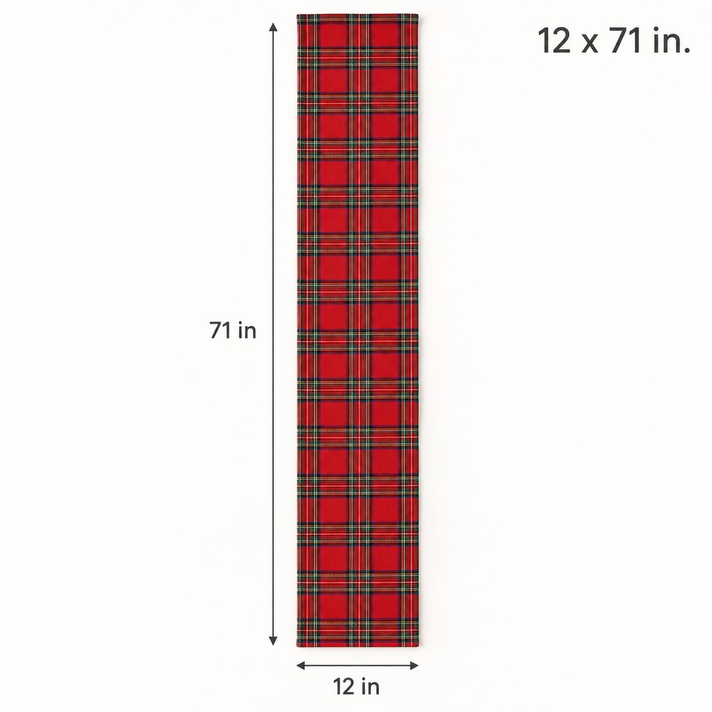 Red tartan Christmas table runner size guide, 12 x 71 inches
