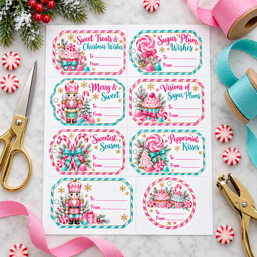 Printed sheet of 8 pink nutcracker sugar plum gift tags on cardstock with gold scissors, hole punch and ribbon