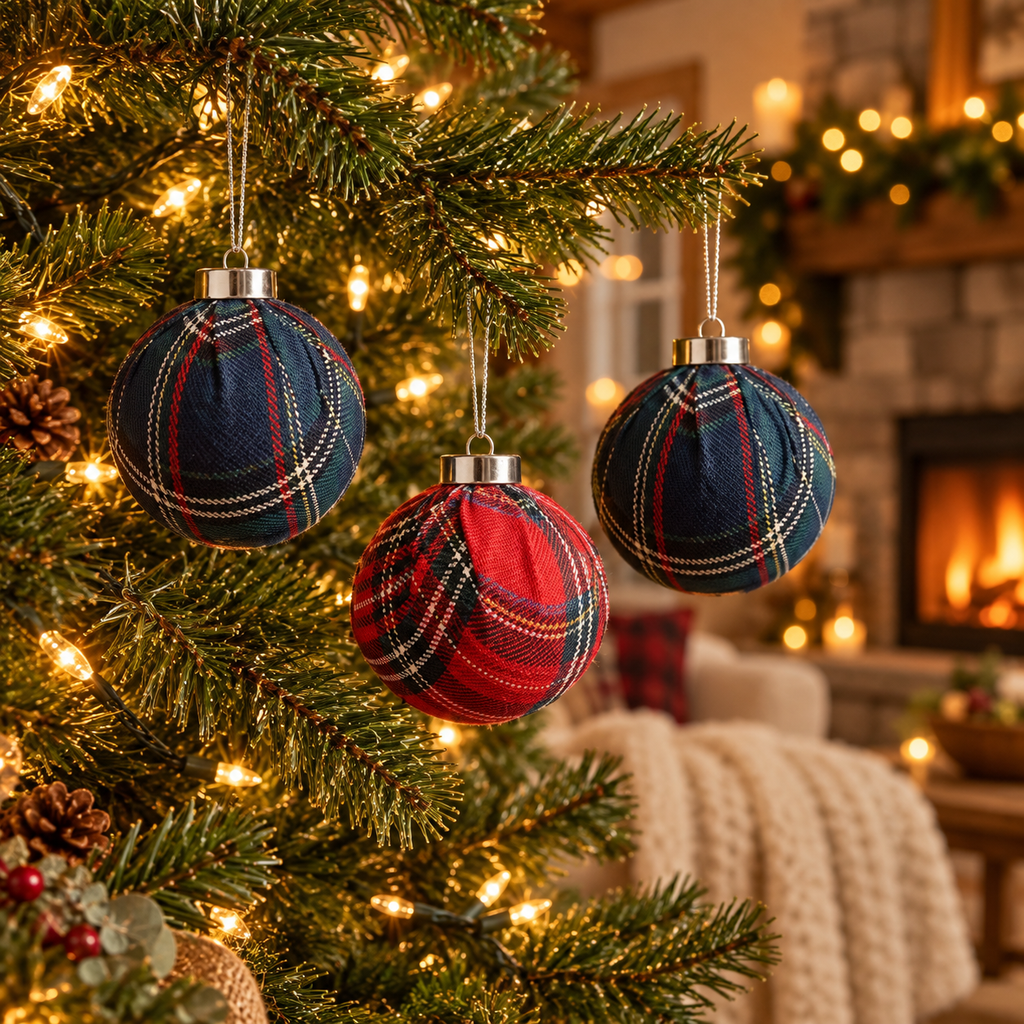 Close-up of plaid fabric Christmas ball ornaments with silver caps hanging on a lit Christmas tree