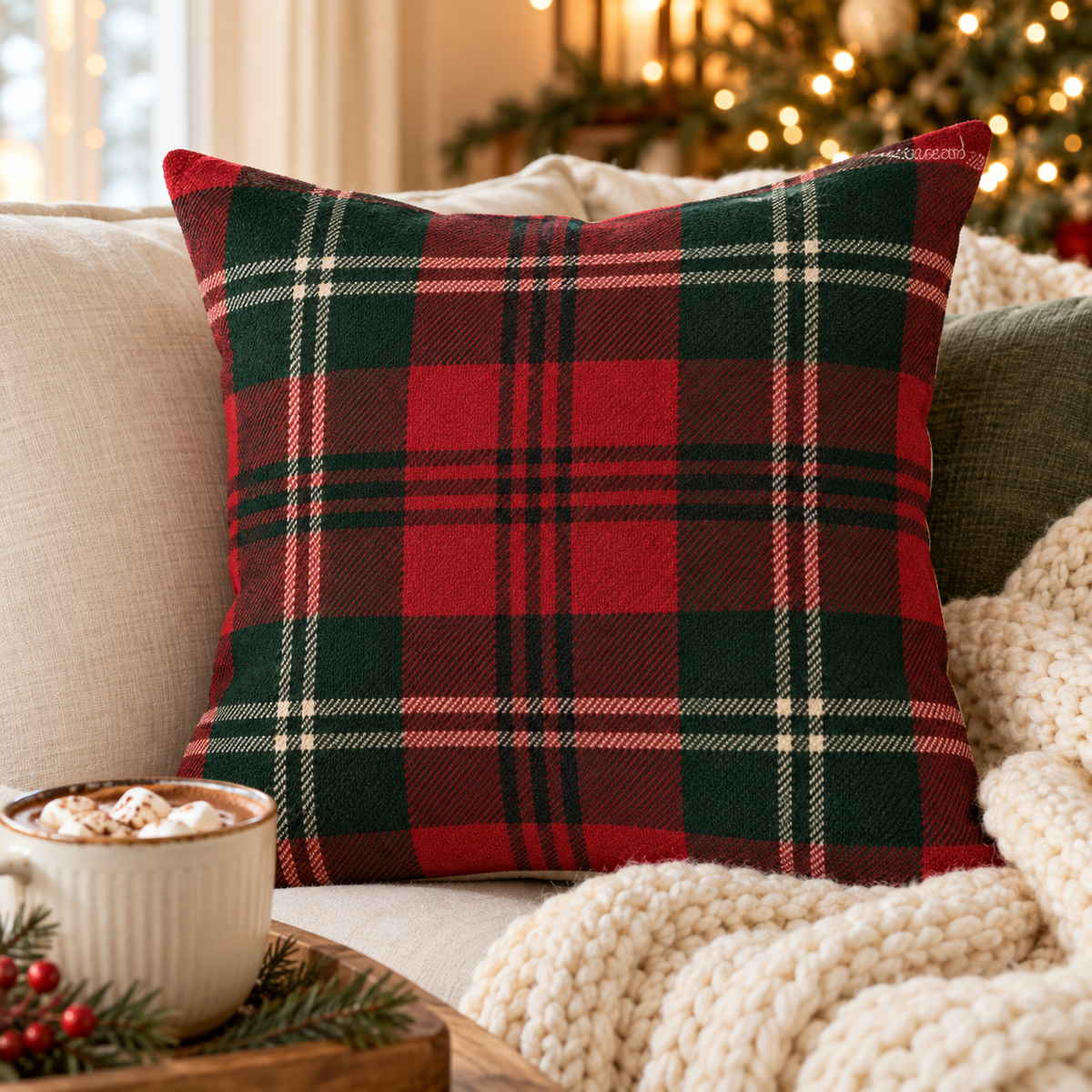 Deep red and green tartan Christmas pillow cover close-up with a mug of cocoa and a knit throw