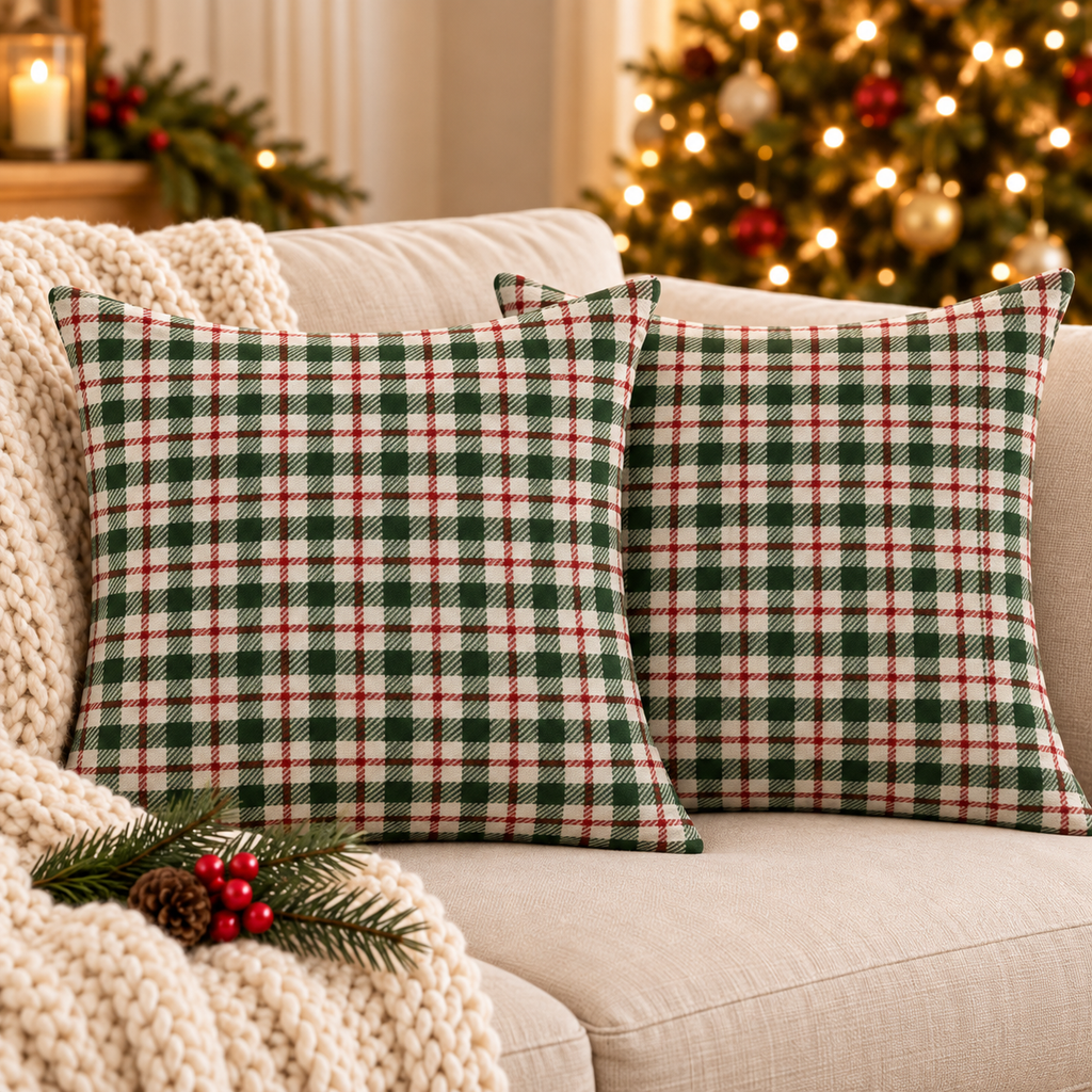 Green & Cream Check Christmas pillow covers, set of 2, on a cream sofa