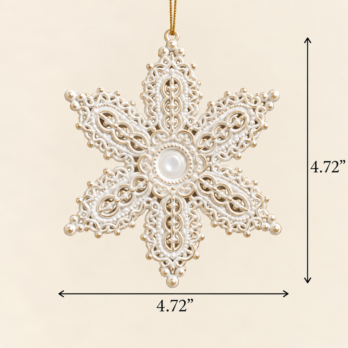 White and gold floral snowflake Christmas ornament with size measurements