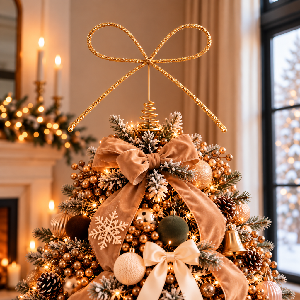 Close-up of gold bow tree topper on a decorated neutral Christmas tree